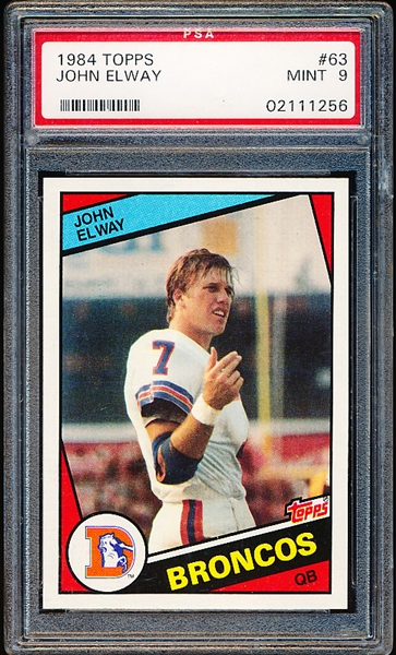 1984 Topps Football- #63 John Elway, Broncos- Rookie! – PSA Mint 9 