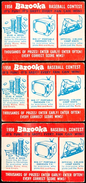 1958 Topps Bb- Bazooka Baseball Contest- 3 Cards