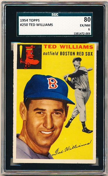 1954 Topps Baseball- #250 Ted Williams, Red Sox- SGC 80 (Ex/Nm 6)