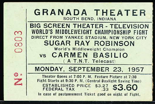 Sept. 23, 1957 Off-Site Boxing Ticket Stub- Sugar Ray Robinson vs. Carmen Basilio