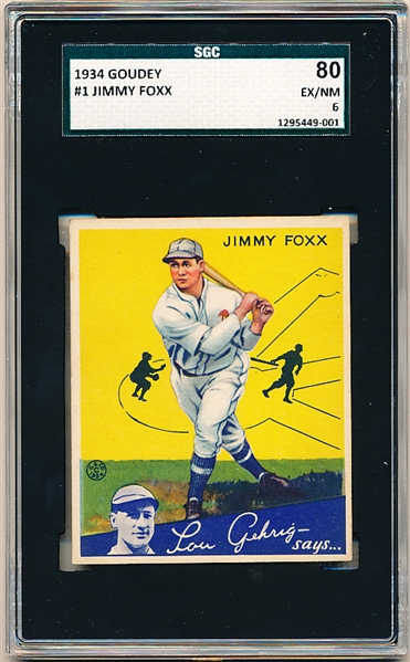 1934 Goudey Baseball- #1 Jimmy Foxx, Phila A’s- SGC 80 (Ex/Nm 6)
