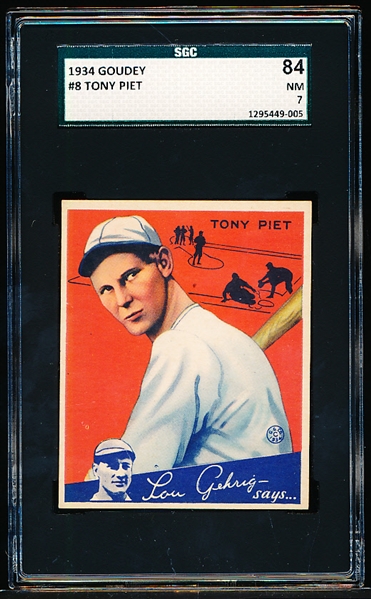 1934 Goudey Baseball- #8 Tony Piet, Reds - SGC 84 (NM 7)