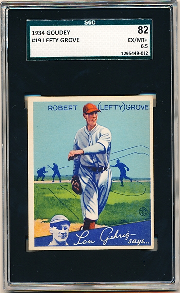 1934 Goudey Baseball- #19 Lefty Grove, Boston Red Sox- SGC 82 (ExMt + 6.5)