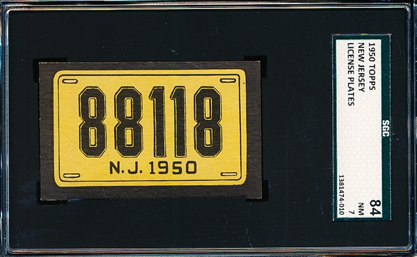 1950 Topps “License Plates”- New Jersey- Unscratched! SGC Graded 84 (NM 7)