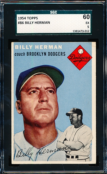 1954 Topps Bb- #86 Billy Herman, Dodgers- SGC 60 (Ex 5)