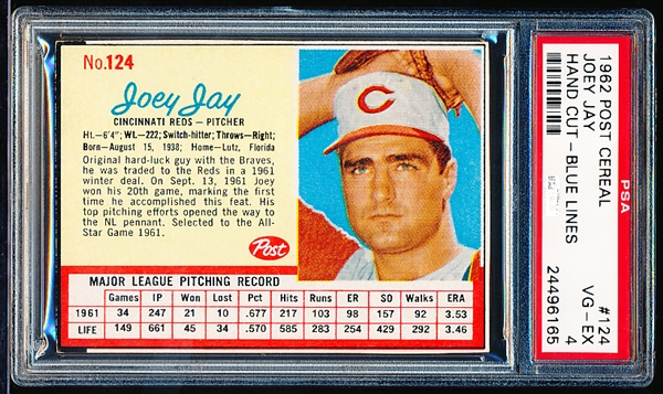 1962 Post Cereal Bb- #124 Joey Jay- Red Line Version- PSA Vg-Ex 4