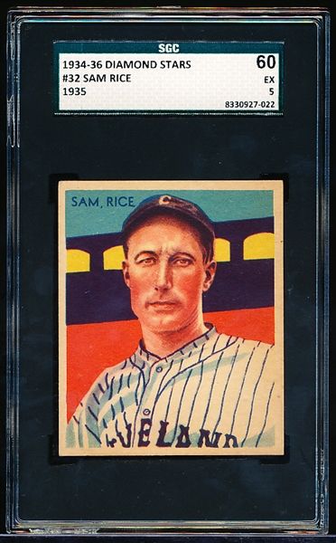 1934-36 Diamond Stars- #32 Sam Rice, Cleveland Indians- SGC 60 (Ex 5)