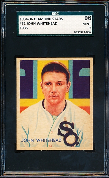 1934-36 Diamond Stars- #51 John Whitehead, White Sox- SGC 96 (Mint 9)
