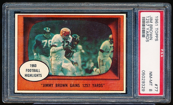 1961 Topps Fb- #77 Jim Brown, Browns (1257 yards)- PSA Nm-Mt 8