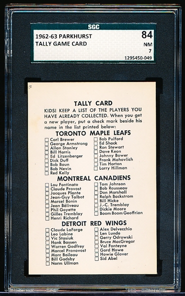1962-63 Parkhurst Hockey- Tally Game Card (Checklist)- SGC 84 (NM 7)
