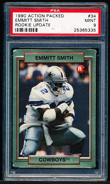 1990 Action Packed Fb- #34 Emmitt Smith Rookie Update- PSA Mint 9