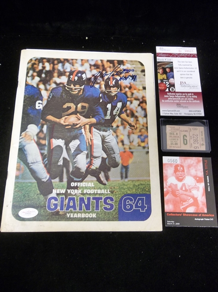 1964 New York Giants Ftbl. Yearbook + December 8, 1963 Ticket Stub- Autographed by Y. A. Tittle- Certified by JSA