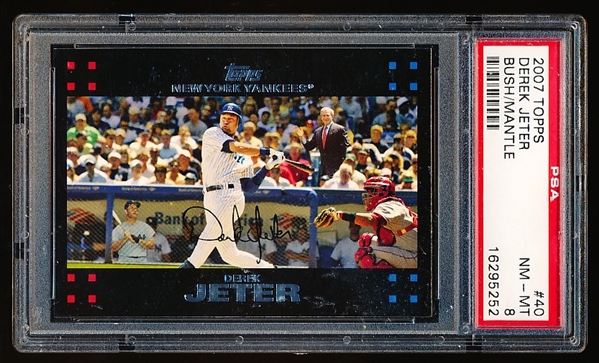 2007 Topps Bsbl. #40 Derek Jeter with President Bush & Mickey Mantle in Background- PSA Graded Near Mint-Mint 8.