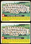 1956 Topps Bb- #100 Orioles Team- 2 Cards- Both Name Centered- Gray Backs