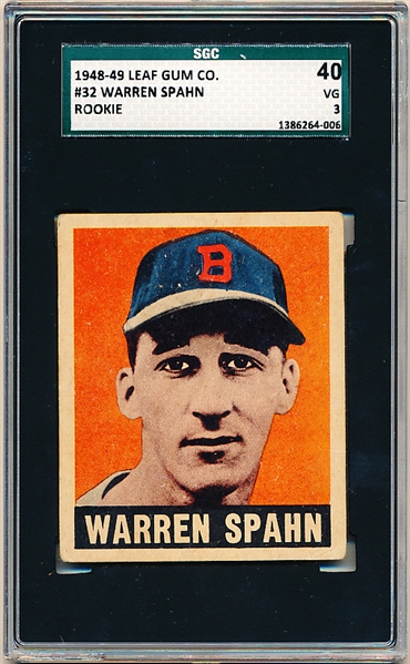 1948-49 Leaf Baseball- #32 Warren Spahn, Braves- SGC 40 (Vg 3)