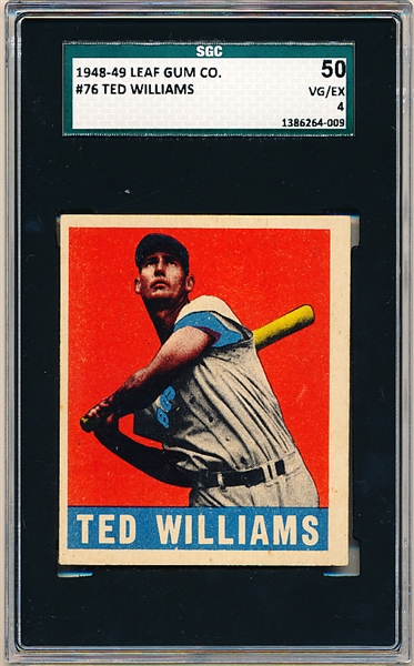 1948-49 Leaf Baseball- #76 Ted Williams, Red Sox- SGC 50(Vg-Ex 4)