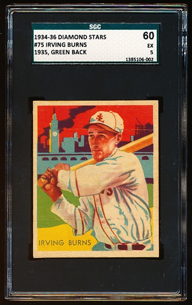 1934-36 Diamond Stars Bb- #75 Irving Burns, St. Louis Browns- SGC 60 (Ex 5)- 1935 green back.