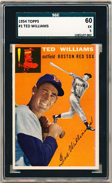 1954 Topps Bb- #1 Ted Williams, Red Sox- SGC 60 (Ex 5)