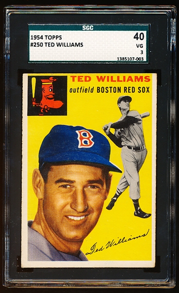 1954 Topps Bb- #250 Ted Williams, Red Sox- SGC 40 (Vg 3)