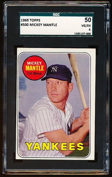 1969 Topps Baseball- #500 Mickey Mantle, Yankees- SGC 50 (Vg-Ex 4)- Yellow letter version.