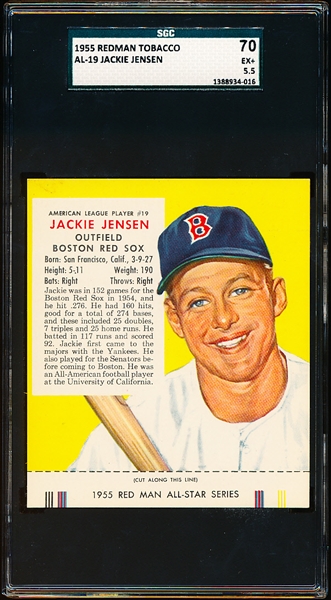 1955 Red Man Tobacco with Tab-AL #19 Jackie Jensen, Boston Red Sox- SGC 70 (Ex+ 5.5)