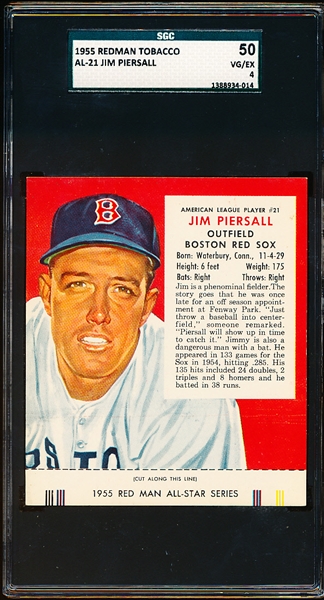 1955 Red Man Tobacco with Tab- AL #21 Jim Piersall, Red Sox- SGC 50 (Vg-Ex 4)