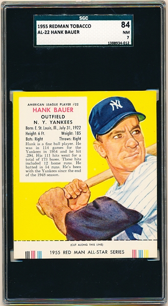 1955 Red Man Tobacco with Tab- AL #22 Hank Bauer, Yankees- SGC 84 (NM 7)