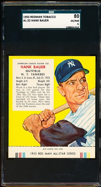 1955 Red Man Tobacco with Tab- AL #22 Hank Bauer, Yankees- SGC 80 (Ex/NM 6)