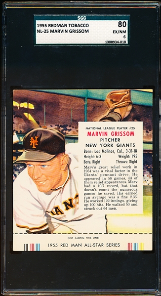 1955 Red Man Tobacco with Tab- NL #25 Marvin Grissom, Giants- SGC 80 (Ex/NM 6)