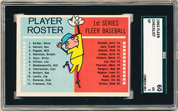 1963 Fleer Baseball- Checklist- SGC 60 (Ex 5)- SP! Unchecked!