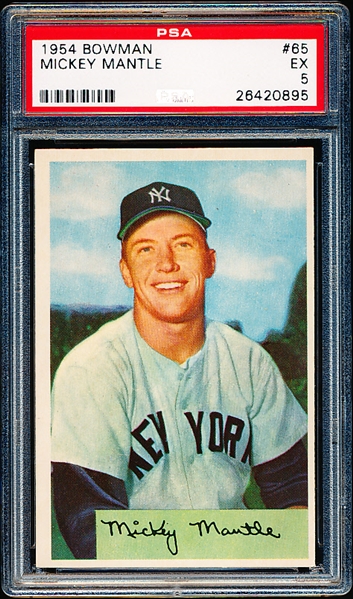 1954 Bowman Baseball- #65 Mickey Mantle, Yankees- PSA Ex 5
