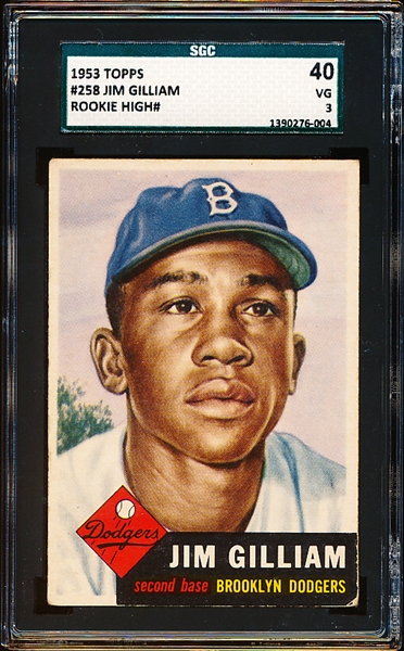 1953 Topps Baseball- #258 Jim Gilliam, Dodgers- SGC 40 (Vg 3)- Hi# Rookie!
