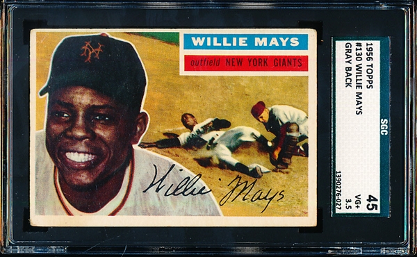 1956 Topps Baseball- #130 Willie Mays, Giants- SGC 45 (Vg+ 3.5)- gray back
