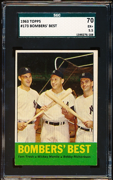 1963 Topps Baseball- #173 Bombers Best- Tresh/ Mantle/ Richardson- SGC 70 (Ex+ 5.5)