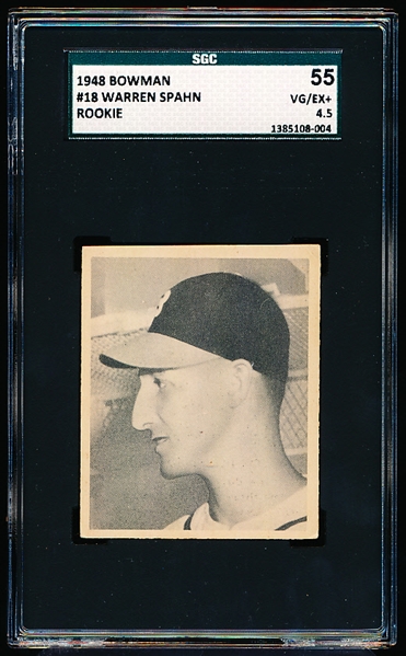 1948 Bowman Baseball- #18 Warren Spahn, Braves- Rookie! – SGC 55 (Vg/Ex+ 4.5)