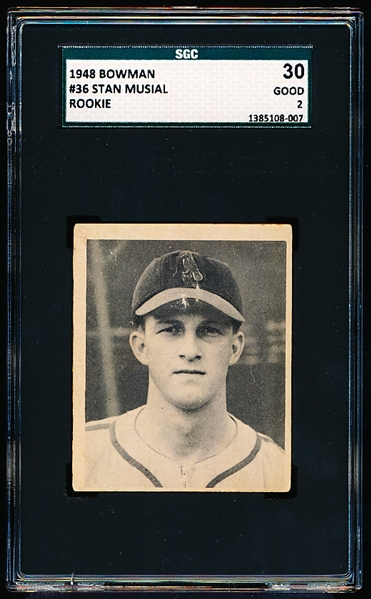 1948 Bowman Baseball- #36 Stan Musial, Cardinals- Rookie! – SGC 30 (Good 2)