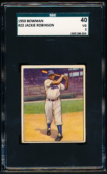 1950 Bowman Baseball- #22 Jackie Robinson, Dodgers- SGC 40 (Vg 3
