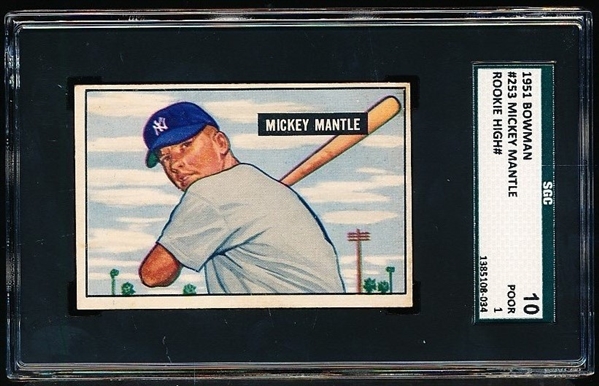 1951 Bowman Baseball- #253 Mickey Mantle Rookie! -  SGC 10 (Poor 1)