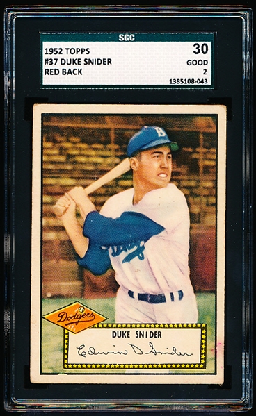 1952 Topps Baseball- #37 Duke Snider, Dodgers- SGC 30 (Good 2)