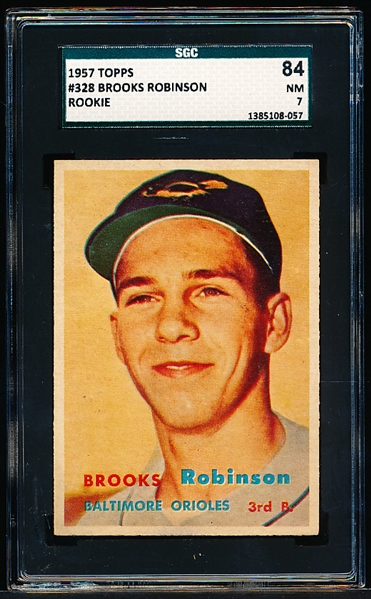 1957 Topps Baseball- #328 Brooks Robinson, Orioles- SGC 84 (NM 7)- Rookie! 