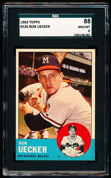 1963 Topps Baseball- #126 Bob Uecker, Braves- SGC 88 (Nm-Mt 8)