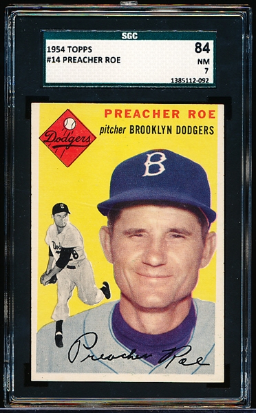 1954 Topps Baseball- #14 Preacher Roe, Dodgers- SGC 84 (NM 7