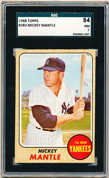 1968 Topps Baseball- #280 Mickey Mantle, Yankees- SGC 84 (NM 7)