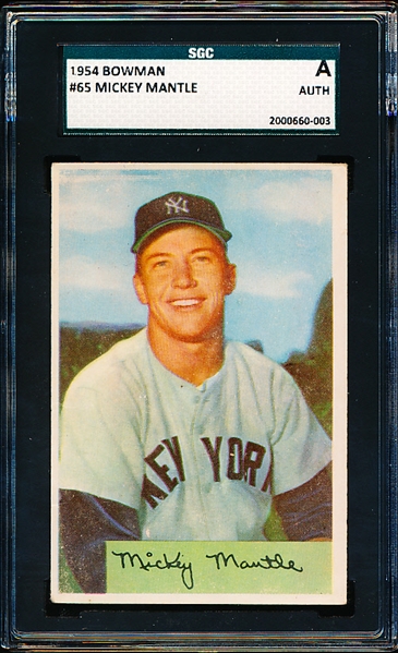 1954 Bowman Baseball- #65 Mickey Mantle, Yankees- SGC A (Authentic)