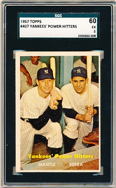 1957 Topps Baseball- #407 Yankees Power Hitters- Mantle/Berra- SGC 60 (Ex 5)