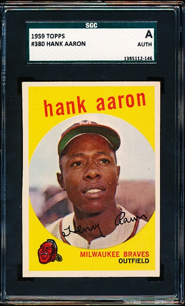 1959 Topps Bb- #380 Hank Aaron, Braves- SGC A (Auth)- looks like an Ex 5