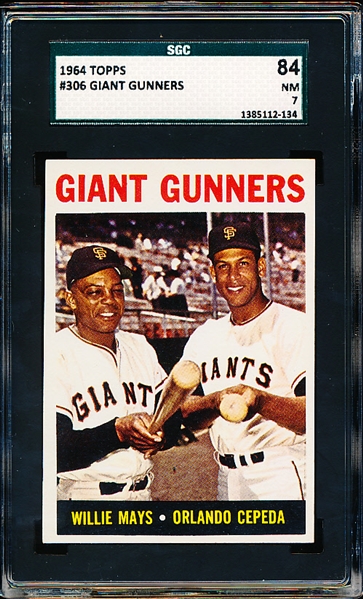1964 Topps Bb- #306 Giant Gunners- Mays/Cepeda- SGC 84 (NM 7)