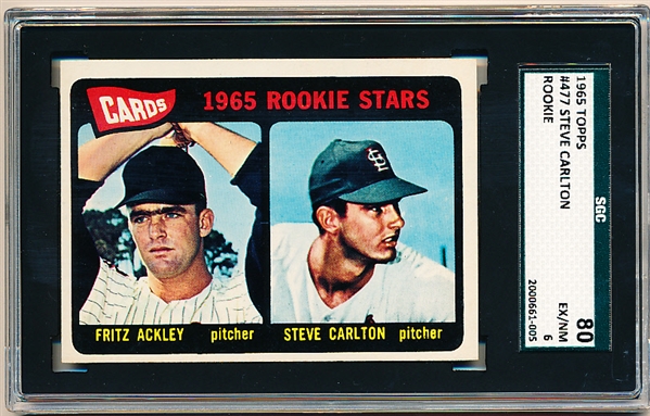 1965 Topps Baseball- #477 Steve Carlton, Cardinals- Rookie! – SGC 80 (Ex/NM 6)