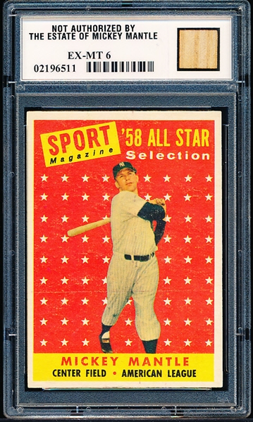 Topps/PSA 1958 Topps #487 Mantle AS Sealed EX-MT 6 Card with Piece of Game-Used Bat in Placard- Topps Certification #5148449
