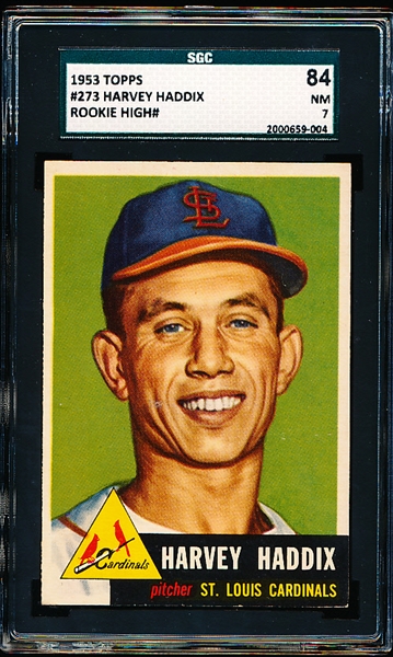 1953 Topps Baseball- #273 Harvey Haddix, Cardinals- SGC 84 (NM 7)- Rookie Card! Hi#! SP! 